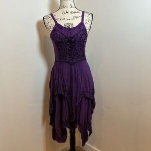Boho Fairy Grunge Purple Rayon Embroidered Asymmetrical Dress M